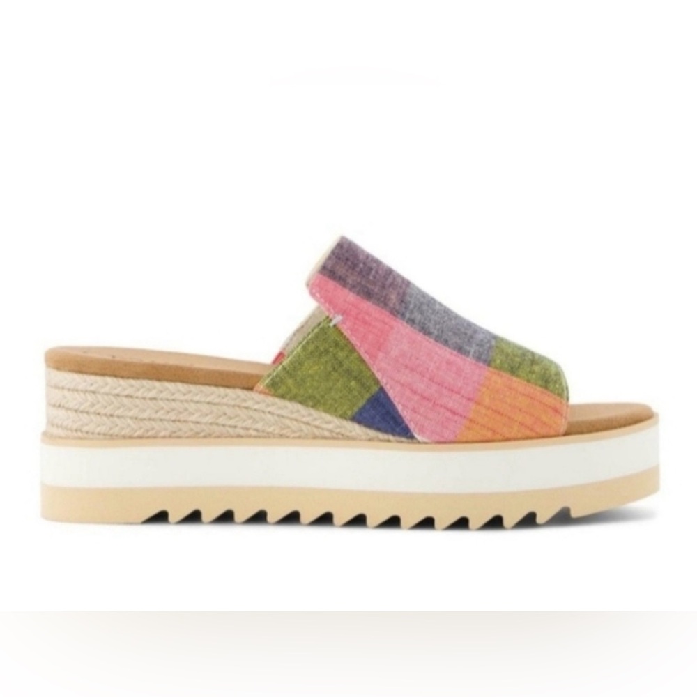 TOMS Diana Multicolor Picnic Plaid Slide Sandals Wedge Size 8 - Picture 3 of 15